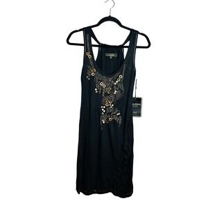Love Stitch Black Gold Embellished Tank Dress Size S‎ Beaded Grunge Goth NWT